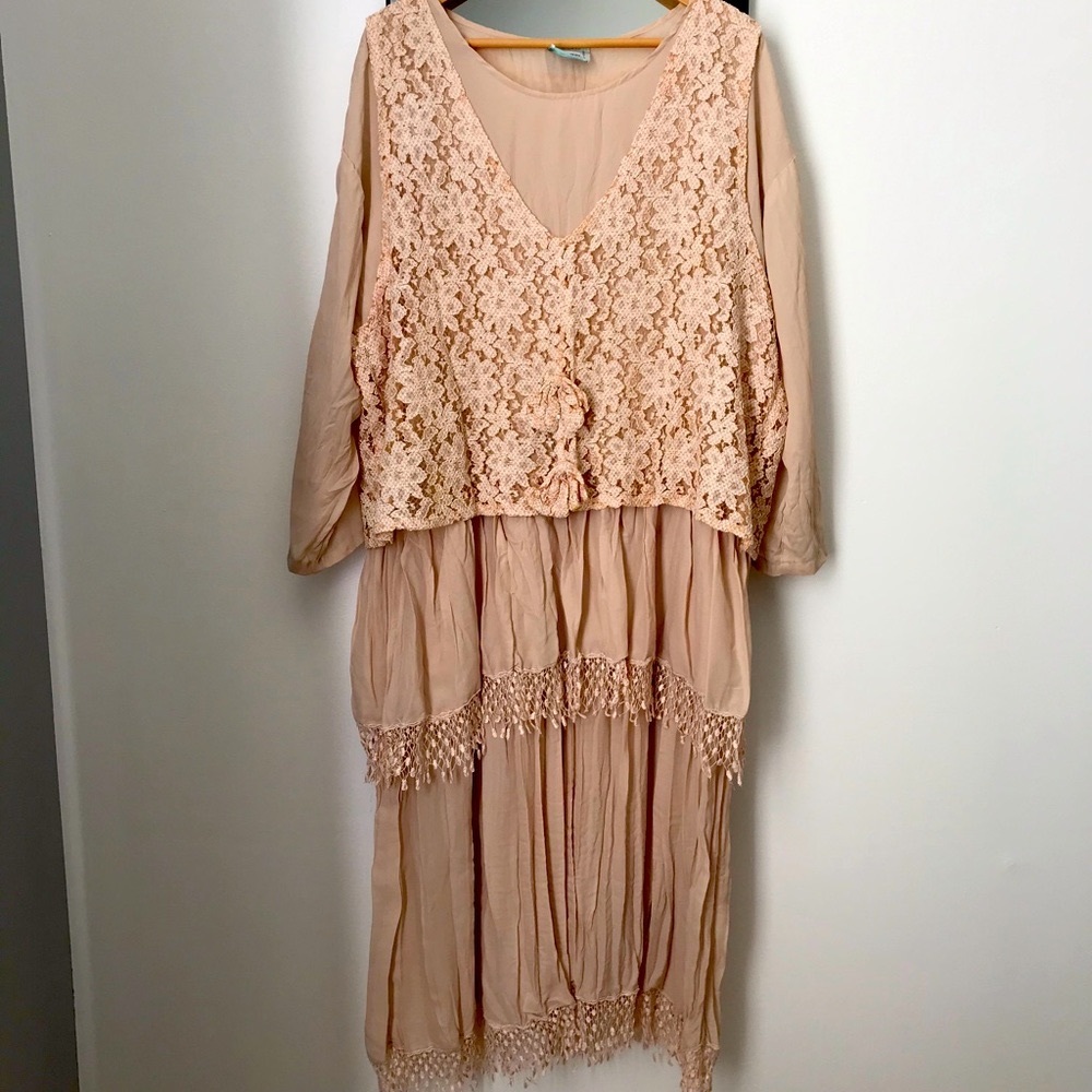 Oversized Boho Midi Dress in Tan Color